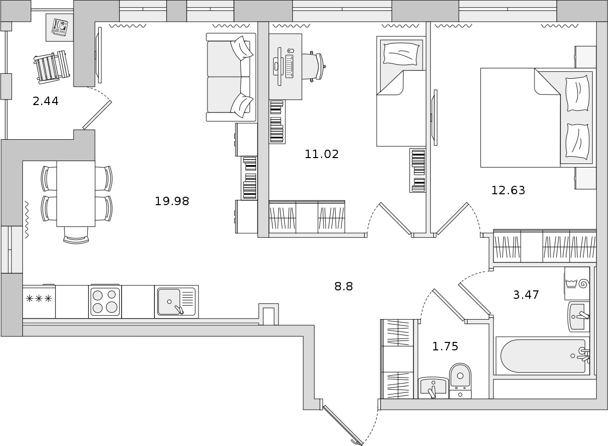 2-комнатная квартира 57.65 м², 15/15 эт., ЖК «Мурино Space»